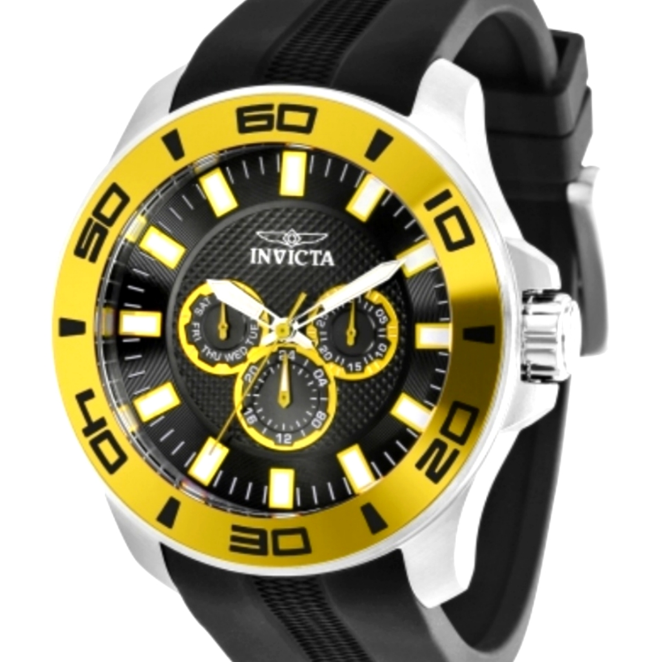 Invicta Pro Diver Mens Chronograph Steel Case Yellow Bezel Silicone Band
